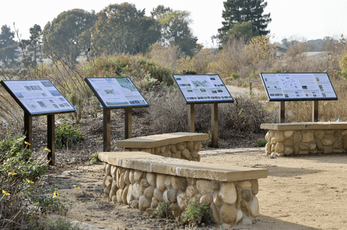 Four informational boards in a public park.