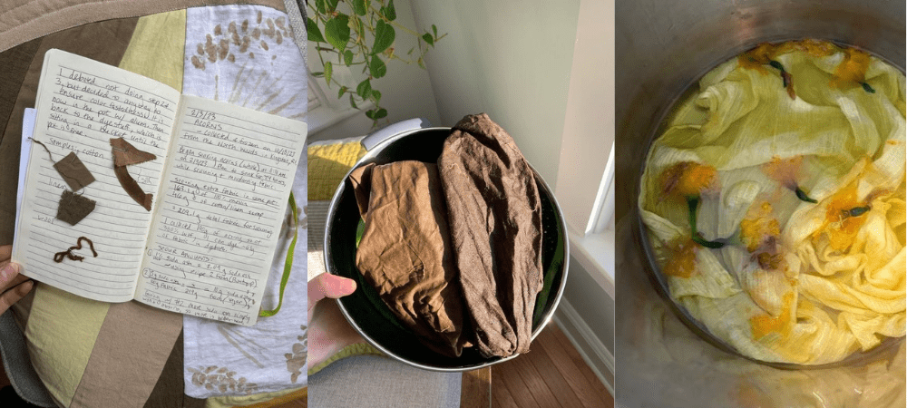 From left to right: An open notebook with writing and fabric and yarn stapled to the pages. Brown fabric folded inside a metal bowl. A dyepot of yellow liquid, yellow fabric, and daffodils.