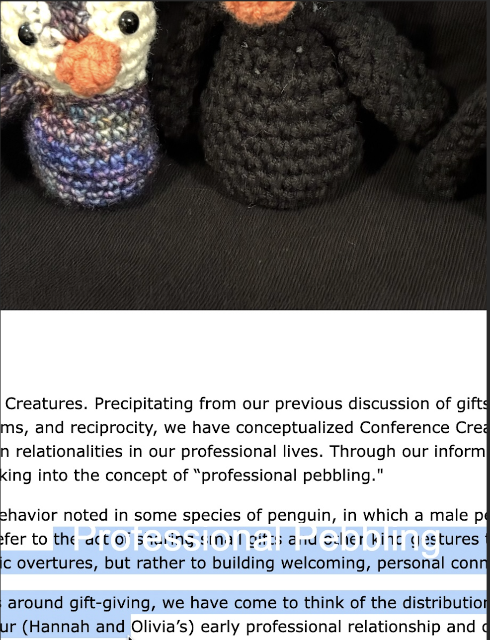 A screenshot of a draft webpage showing an image of four crocheted penguins at the top and text below. The cursor has highlighted part of the page and 'Professional Pebbling' shows through in white font.