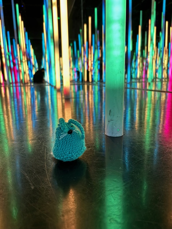 A small blue knit bunny sits in an art exhibit with differently colored neon glowing tubes in the background.