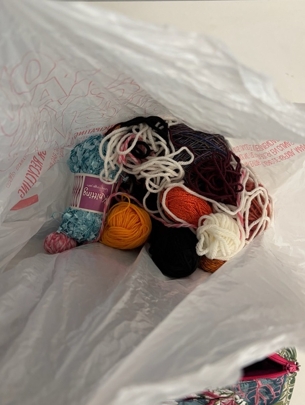 Different colored skeins of yarn in a plastic bag.