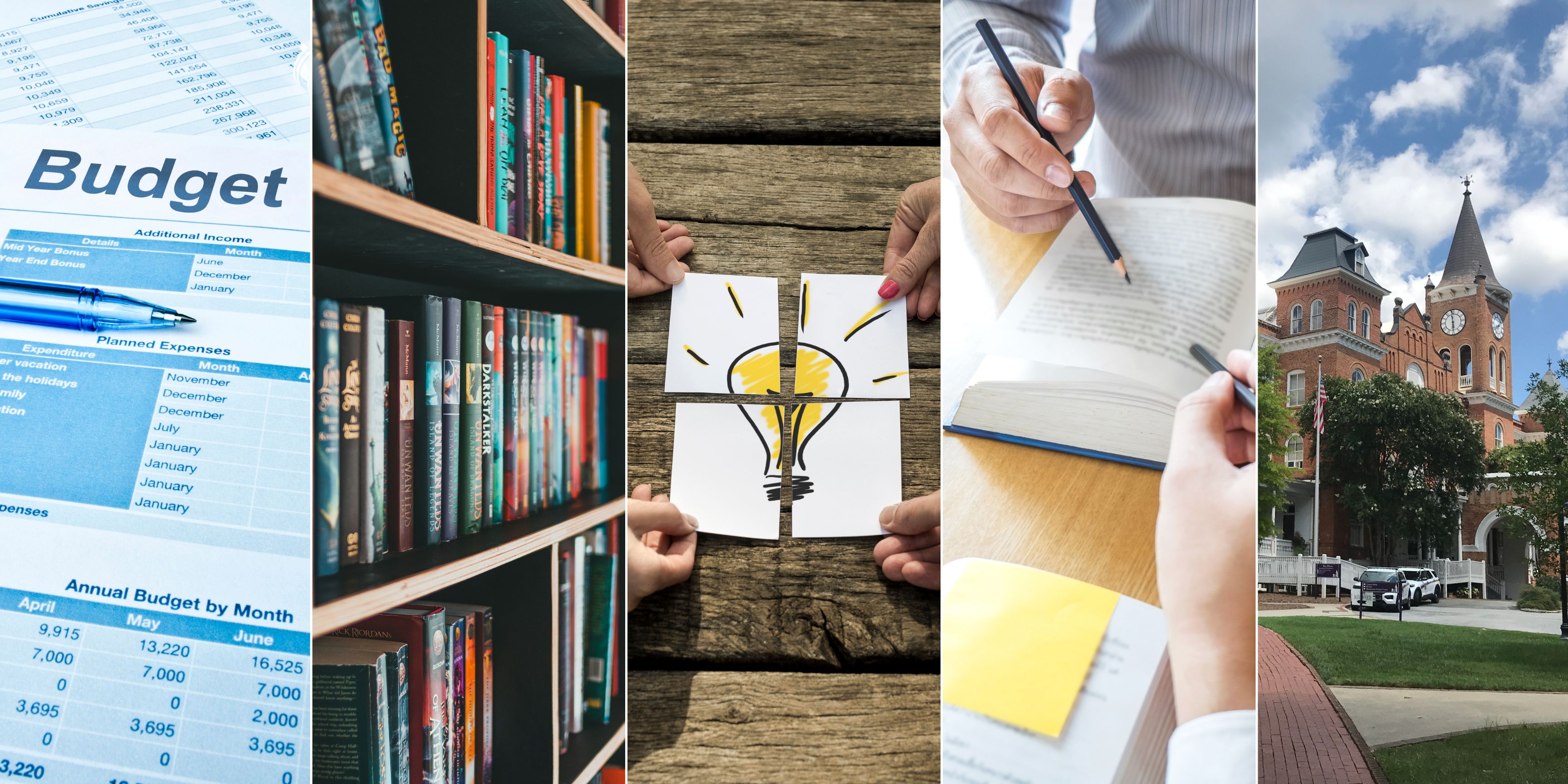 Collage of five photos: blue and white budget sheet with a blue pen; three shelves of books; four hands each holding a piece of paper that together make a picture of a light bulb; two hands holding pencils over a table with an open book below; Wilson Hall's clock tower at Converse University.
