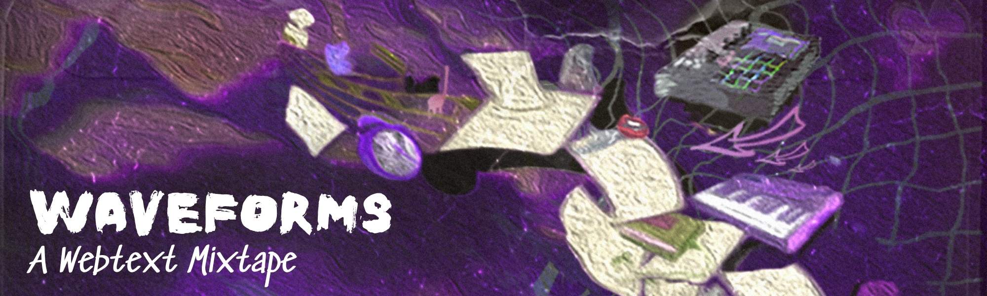 Abstract illustration of music composing technologies floating in purple space, and the text Waveforms: A Webtext Mixtape