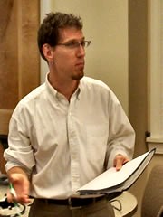 Halbritter keeps track (on paper!) of 4 groups doing digital video projects. Photo courtesy of Karen Taylor.