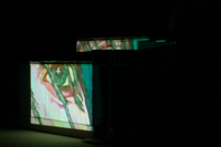 Image of painted eye projected on the side of the CompuObscura model. Taken by Cal Poly Architecture class students using class-created model and slide projector, Spring 2004.