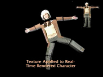 Still frame from demo film of the third generation of the CompuObscura device, demonstrating participant texture being mapped onto motion-capture-controlled puppet. Film created by Jon Elsdon  2004.