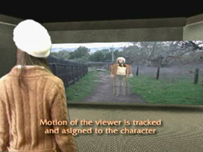 Still frame from demo film of the third generation of the CompuObscura device, demonstrating the participant interacting with her puppet image. Film created by Jon Elsdon  2004.