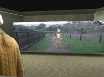 Still frame from demo film of the third generation of the CompuObscura device, demonstrating the participant leaving the device. Film created by Jon Elsdon  2004.