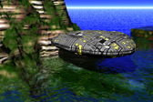 Example of poor-quality modeling and art design; 3D modeled image of space ship landing on lagoon. Created as class model of how to use Bryce 3D. Created by David Gillette, � 2005. 