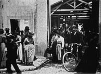 Still frame taken from first Lumiere brothers moving picture-Workers Leaving the Factory. Found at: http://www.institut-lumiere.org/