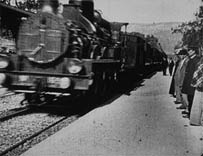 Still frame taken from early Lumiere brothers moving picture-Train Arriving in Station. Found at: http://www.institut-lumiere.org/